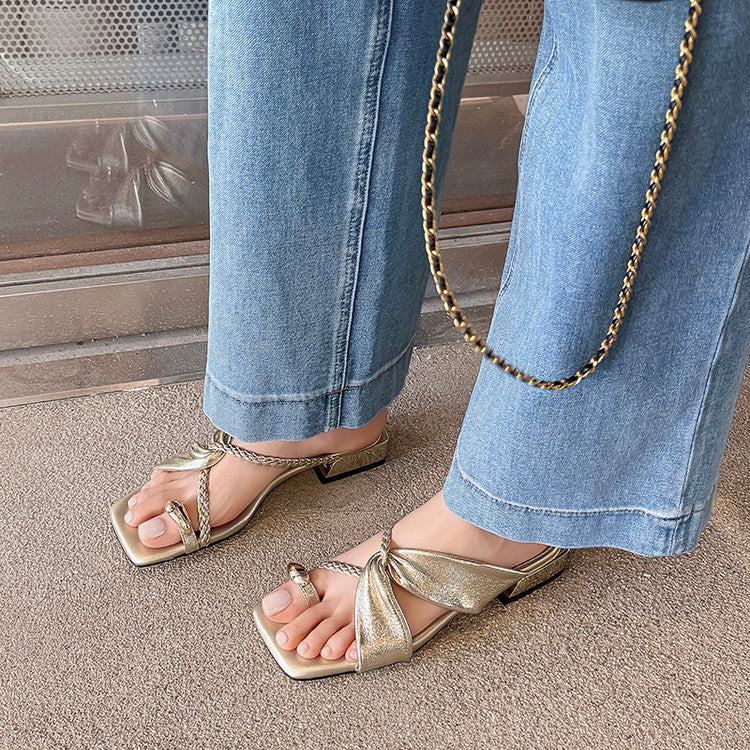 Karin Luna  Square Toe Braided Cross Thick Heel Flat Slippers