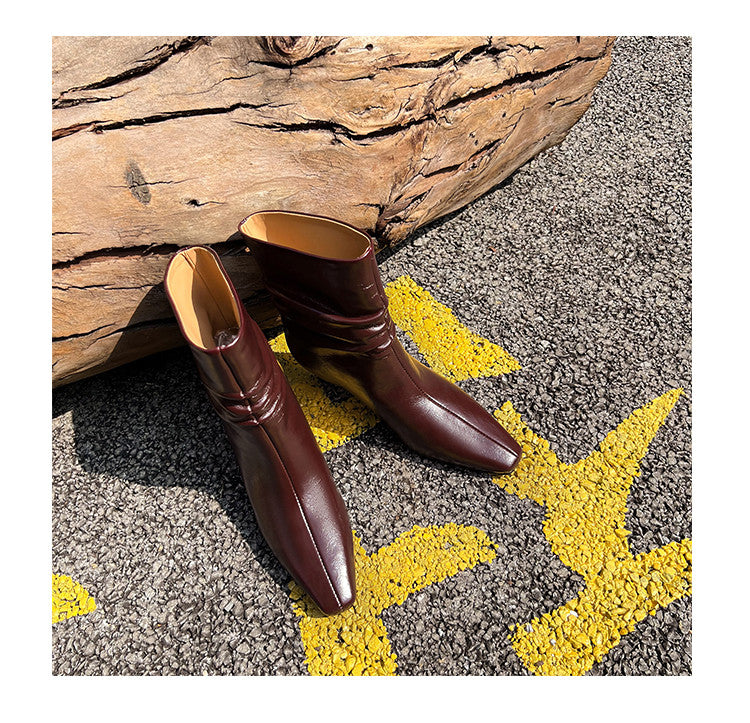 Karin Luna In Stock Spot Goods  Retro Wrinkled Small Square Toe Short Boots