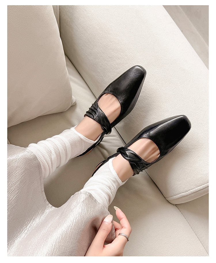 Karin Luna In Stock  Spot Goods Small Square Toe Wrinkled Chunky Heel Closed-Toe Sandals