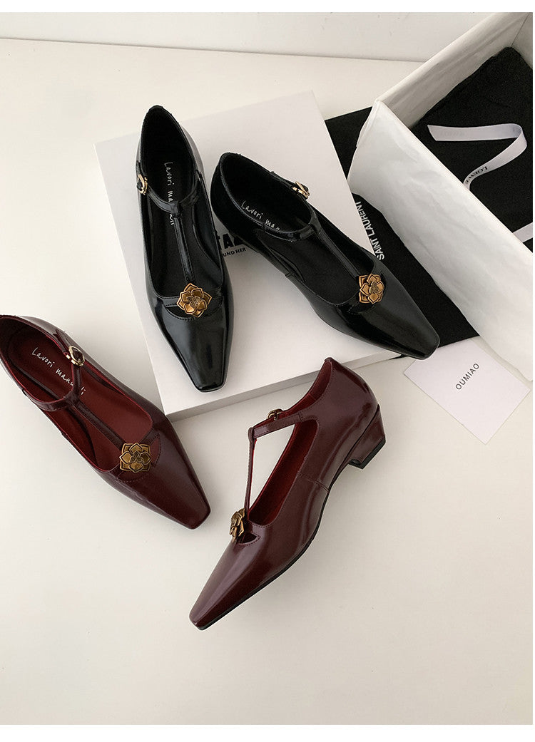 Karin Luna In Stock Spot Goods    Retro Classic Metal Camellia Irregular Heel Single Shoes