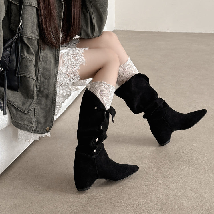 Karin Luna Bestseller Hot-Selling Hidden Buckle Lazy Style Square-Toe Height-Increasing Suede Western Boots