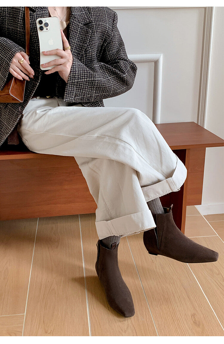 Karin Luna Classic Style Internal Height Increase Cowhide Leather Small Square Toe Short Fashion Boots