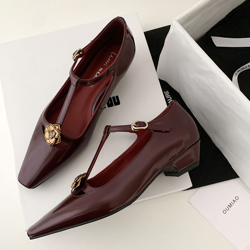 Karin Luna In Stock Spot Goods    Retro Classic Metal Camellia Irregular Heel Single Shoes