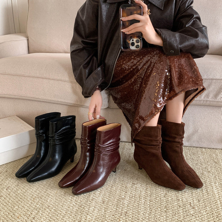 Karin Luna In Stock Spot Goods  Retro Wrinkled Small Square Toe Short Boots