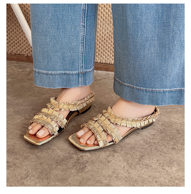 Karin Luna In Stock   Spot Goods  Niche Design Square-Toed Pleated Flat Slippers