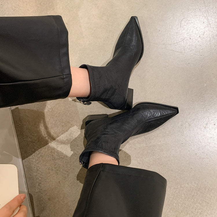 Karin Luna Elegant Style Pointed Toe Chunky Heel Short Boots
