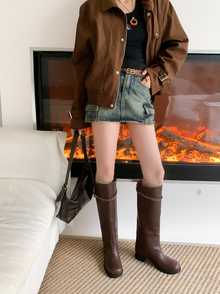 Karin Luna In Stock Spot Goods Belt Buckle Color-Washed Casual Thick-Soled Bootcut Pants Boots