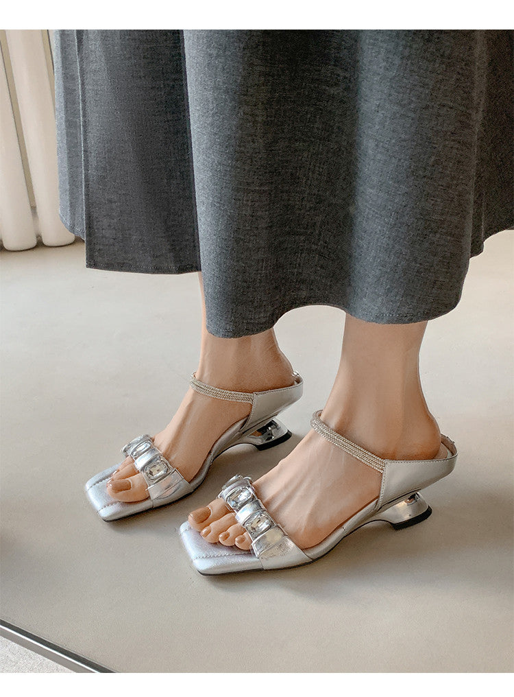 Karin Luna Bestseller Popular Rhinestone Ribbon Square Toe Slippers