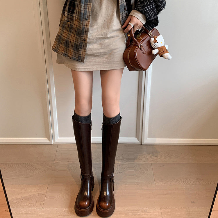 Karin Luna In Stock Spot Goods Round Toe Thick Sole Belt Buckle Straight Long Boots