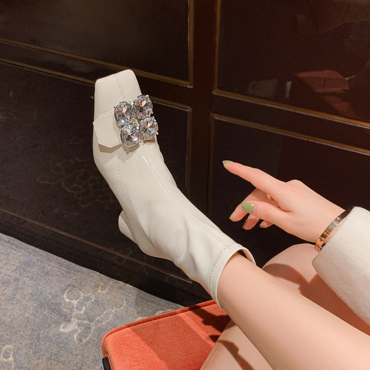 Karin Luna In Stock  Elegant Style Square Toe Rhinestone Chunky Heel Ankle Boots