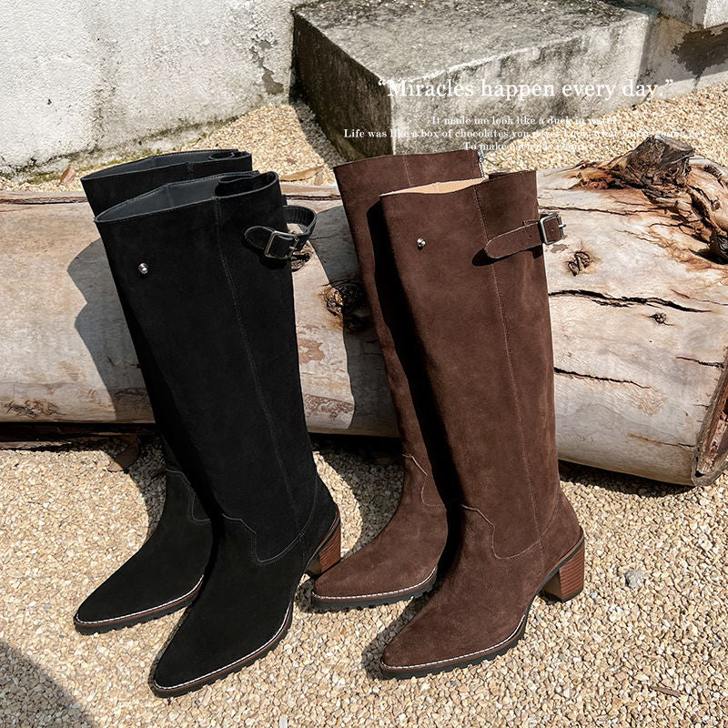 Karin Luna In Stock Spot Goods Retro Cowhide Leather Chunky Heel Suede Long Boots