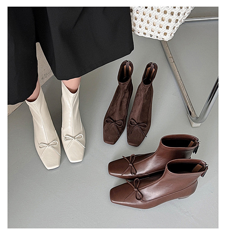 Karin Luna French Style Square Toe Bowknot Hidden Wedge Slim Boots
