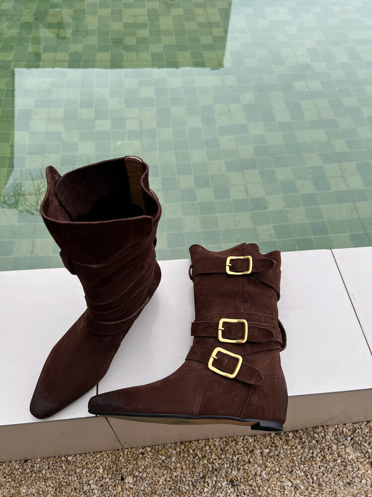 Karin Luna Cow Leather Small Square Toe Belt Buckle Fashion Boots