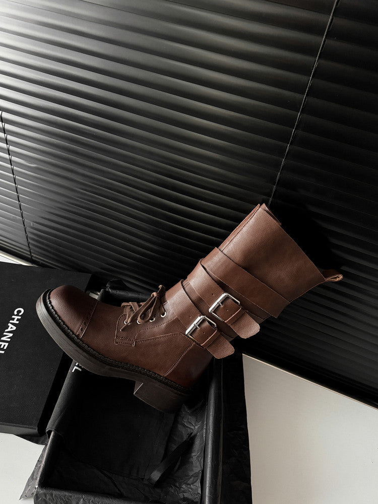 Karin Luna Bestseller Hot-Selling Large Tube Leather Belt Buckle Round Toe Thick-Soled Short Boots