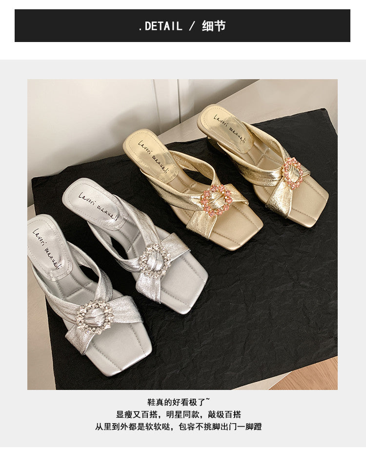 Karin Luna In Stock In Stock Elegant Square-Toe Cross-Strap Rhinestone Square-Toe Slippers