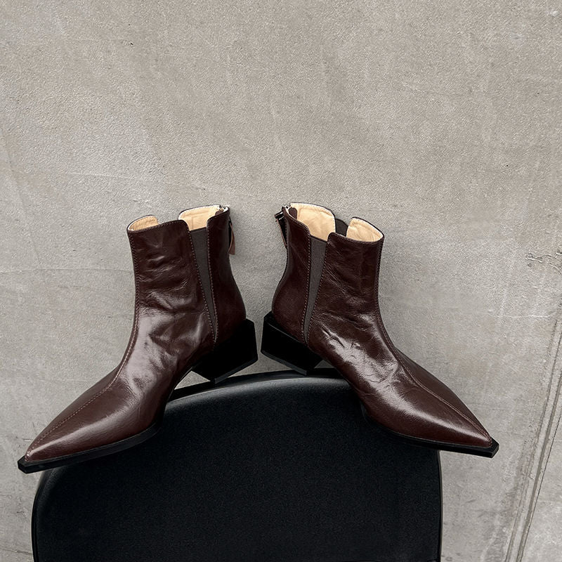 Karin Luna In Stock Spot Goods Elegant Stretch Fabric Patchwork Pointed Toe Chunky Heel Short Boots