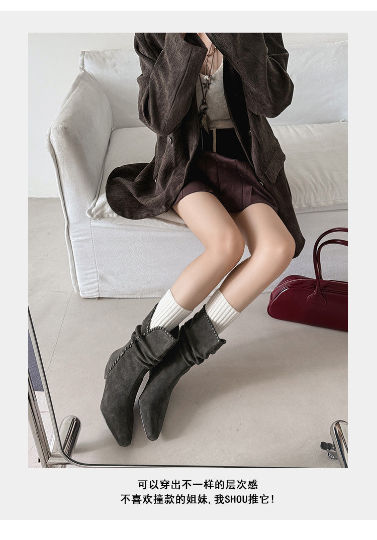 Karin Luna Small Square Toe Retro Ruched Pile Short Boots