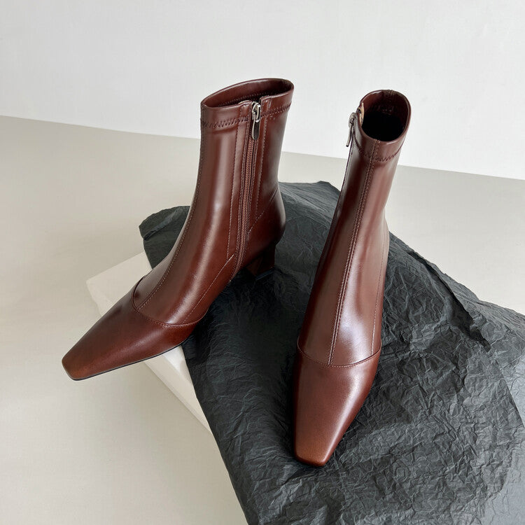 Karin Luna Elegant Small Square Toe Chunky Heel Slim Boots