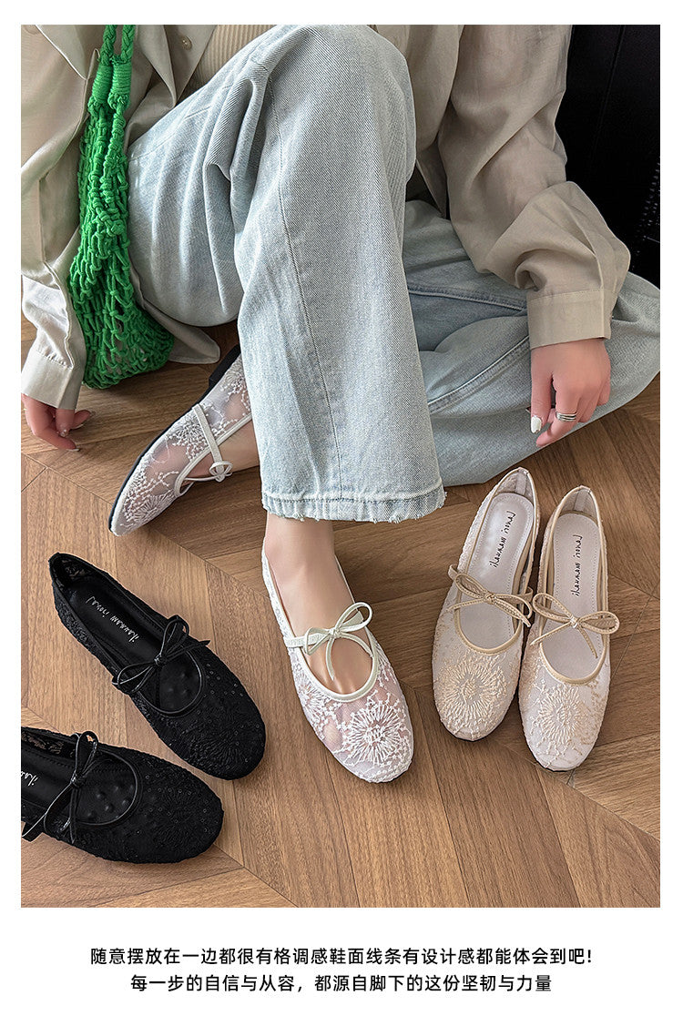 Karin Luna In Stock Spot Goods  Summer Breathable Retro Embroidered Bow Granny Shoes