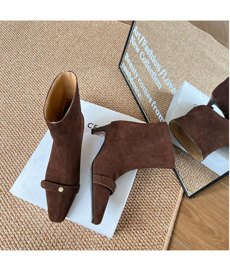 Karin Luna Elegant Style Small Square Toe Belt Buckle Thin Heel Short Boots