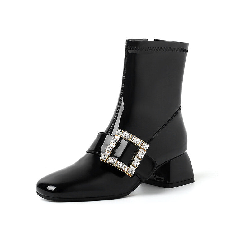 Karin Luna French Retro Square Buckle Rhinestone Chunky Heel Short Boots
