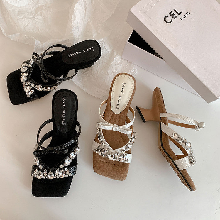 Karin Luna In Stock In Stock  Square Toe Rhinestone Bow Suede Slippers