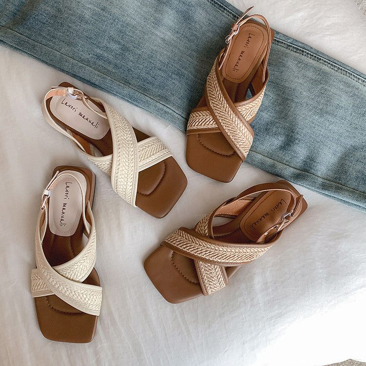 Karin Luna In Stock  Spot Goods Woven Style  Cross-strap Vacation Style Flat Sandals