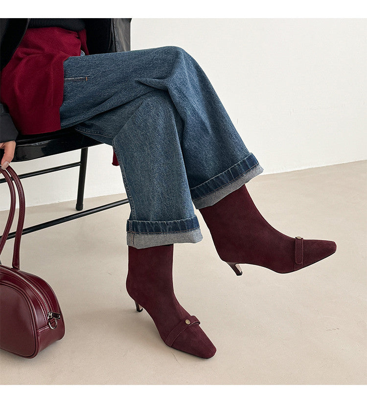 Karin Luna Elegant Style Small Square Toe Belt Buckle Thin Heel Short Boots