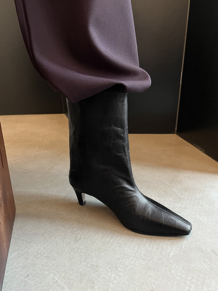 Karin Luna In Stock Spot Goods Top Layer Stone Pattern Cowhide Textured Small Square Toe Straight Short Boots