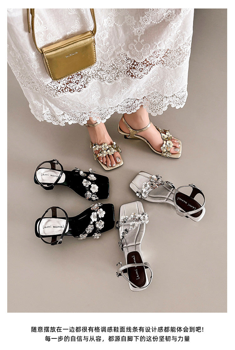 Karin Luna In Stock Spot Goods All the Best Square-Toed Sequin Flower Sandals