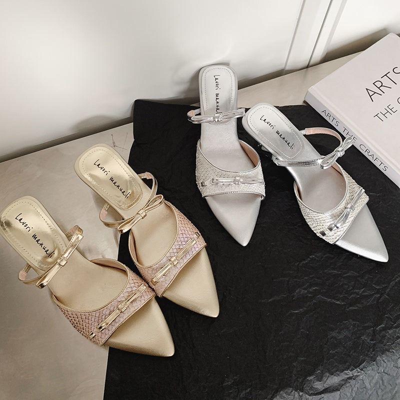 Karin Luna Fish Skin Series~Pointed Toe Irregular Heel Bowknot Strap Slippers