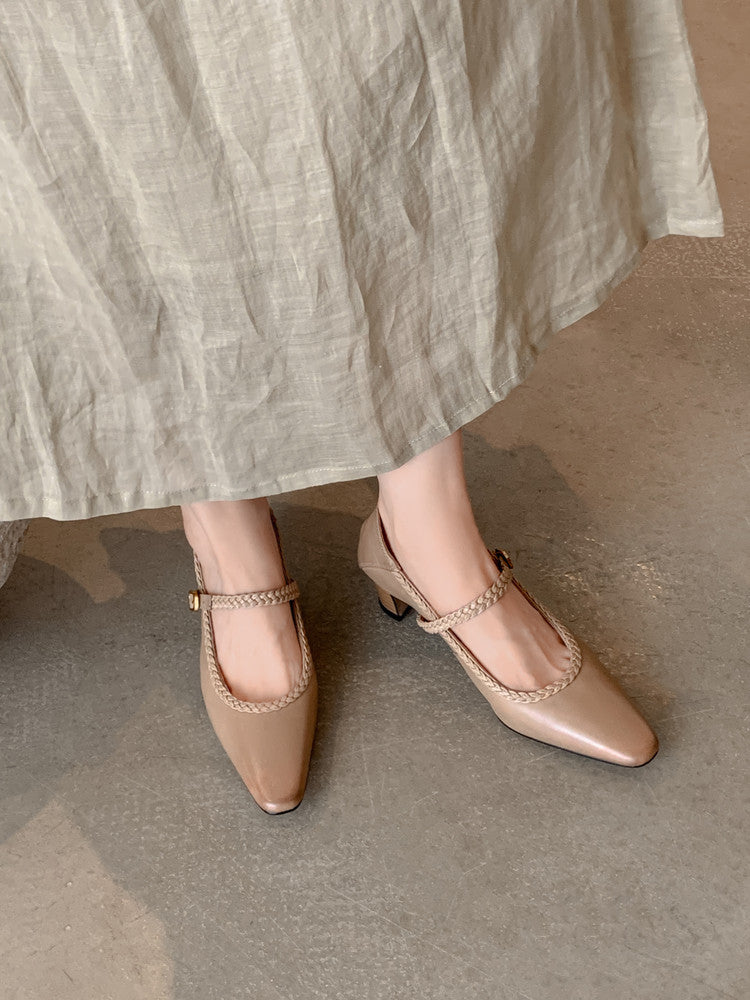 Karin Luna Braided Element Design Chunky Heel Square Toe Single Strap Shoes