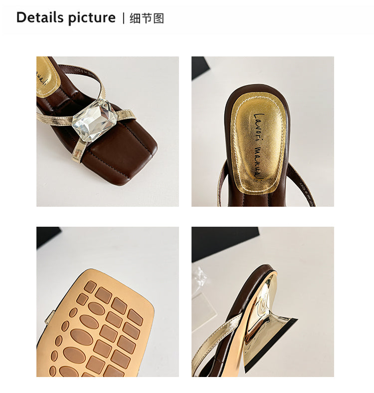 Karin Luna In Stock Spot Goods Rhinestone Square Toe Irregular Heel Slippers