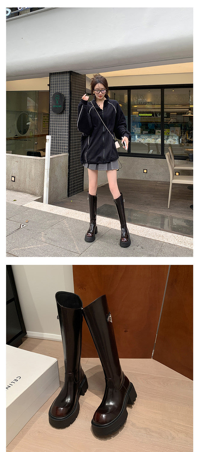 Karin Luna In Stock In Stock  Round Toe Thick Sole Belt Buckle Side Zipper Knight Boots