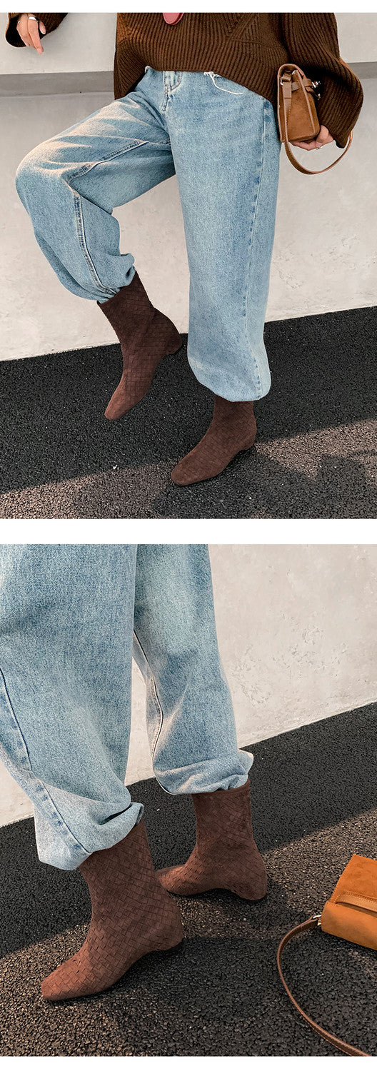 Karin Luna Handmade Woven Fabric Small Square Toe Hidden Heel Short Boots