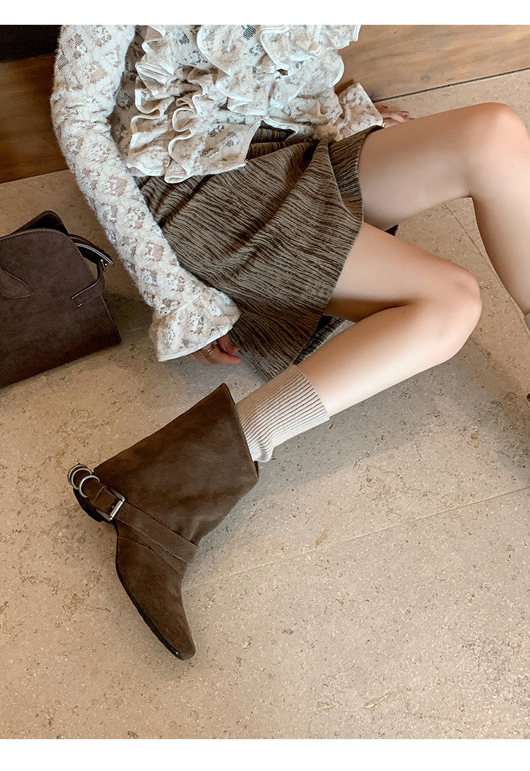 Karin Luna Data Hot Item Square Toe Hidden Wedge Belt Buckle Suede Ankle Boots