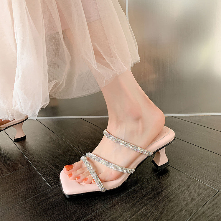 Karin Luna In Stock Spot Goods  Minimalist Versatile Square Toe Rhinestone Strap Open-Toe Sandals