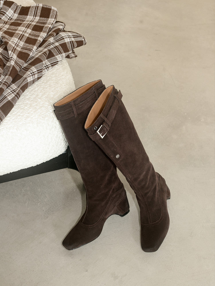 Karin Luna Belt Buckle Elegant Chunky Heel Suede Western Boots