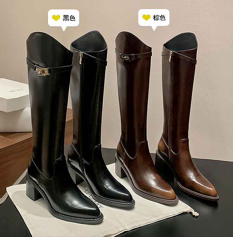 Karin Luna Hot-Selling Fasteners Sold as soon as listed Comes with data plan included Pointed Toe Chunky Heel Classic Full Cowhide Leather Riding Boots