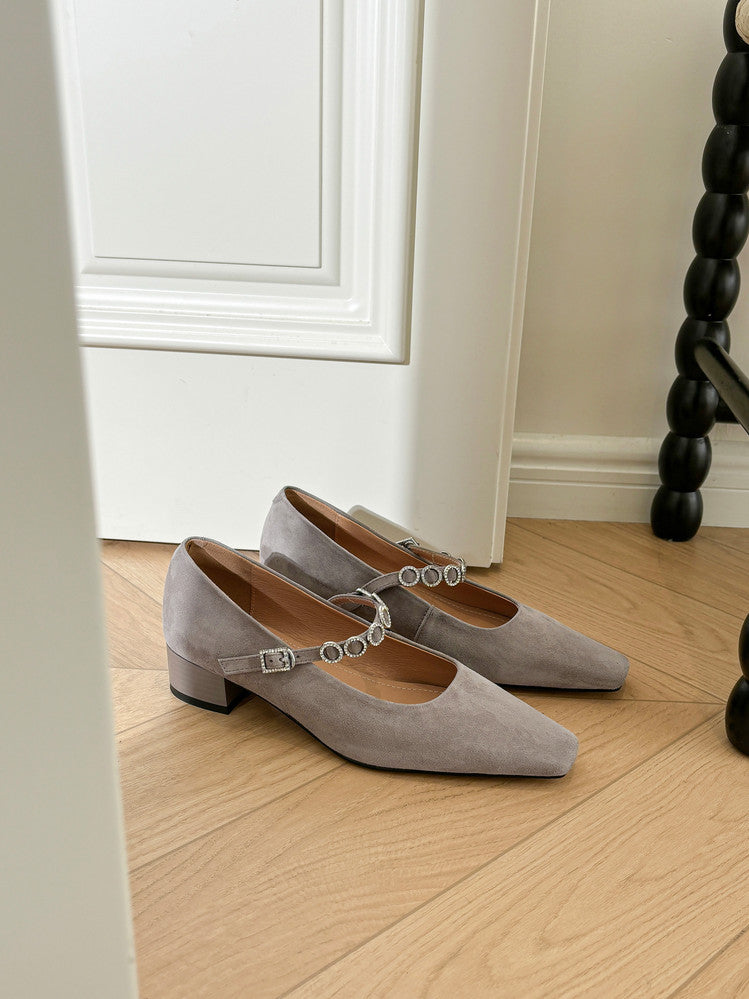 Karin Luna In Stock Spot Goods  Vintage Full Leather Square Toe Rhinestone Strap Shallow Mouth Single Shoes