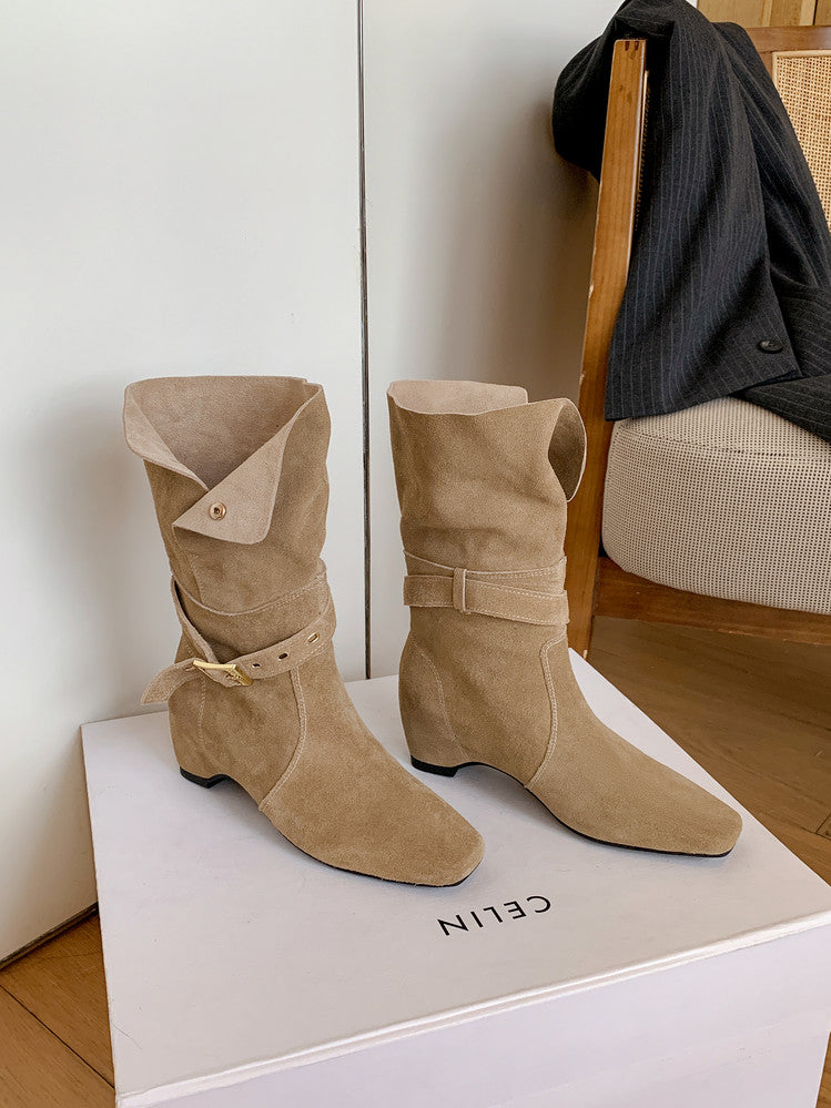 Karin Luna Foldable Belt Buckle Square Toe Hidden Wedge Short Boots