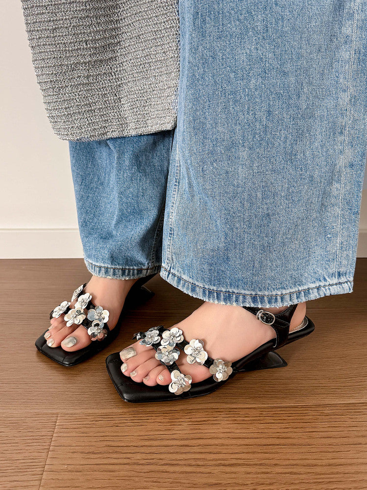 Karin Luna In Stock Spot Goods All the Best Square-Toed Sequin Flower Sandals