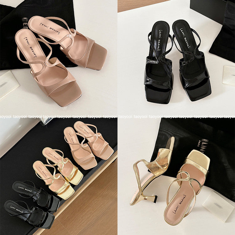 Karin Luna French Retro Square Toe Wrap Strap Open-Toe Slippers