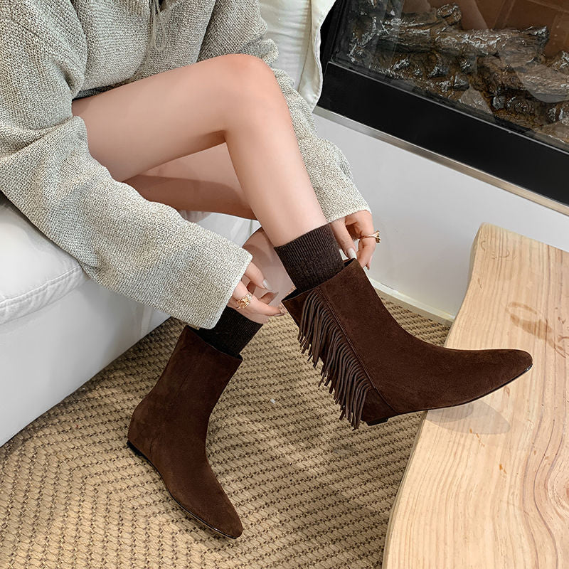 Karin Luna In Stock Spot Goods Tassel Square Toe Hidden Wedge Short Boots