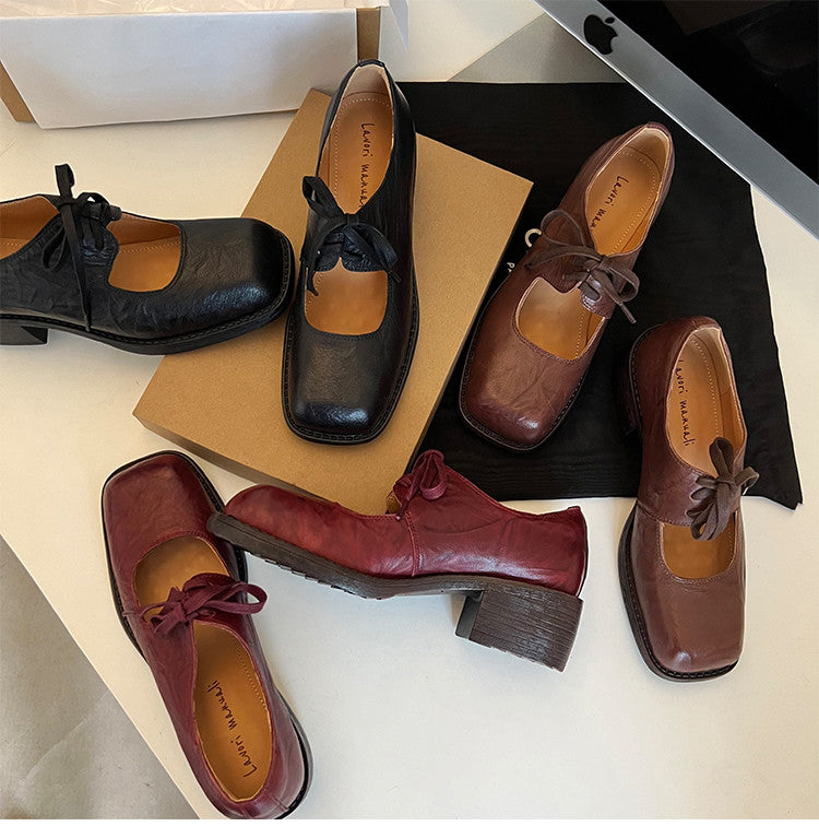 Karin Luna In Stock Spot Goods   Full leather inside and out Vegetable Tanned Hand-Grabbed Sheepskin Square-Toed Chunky Heel Single Shoes