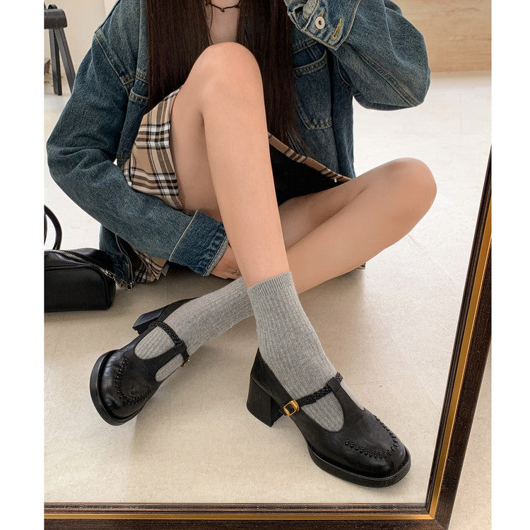 Karin Luna In Stock Spot Goods Vintage Braided Twist High Heels T Round Toe Thick Sole Single Shoes