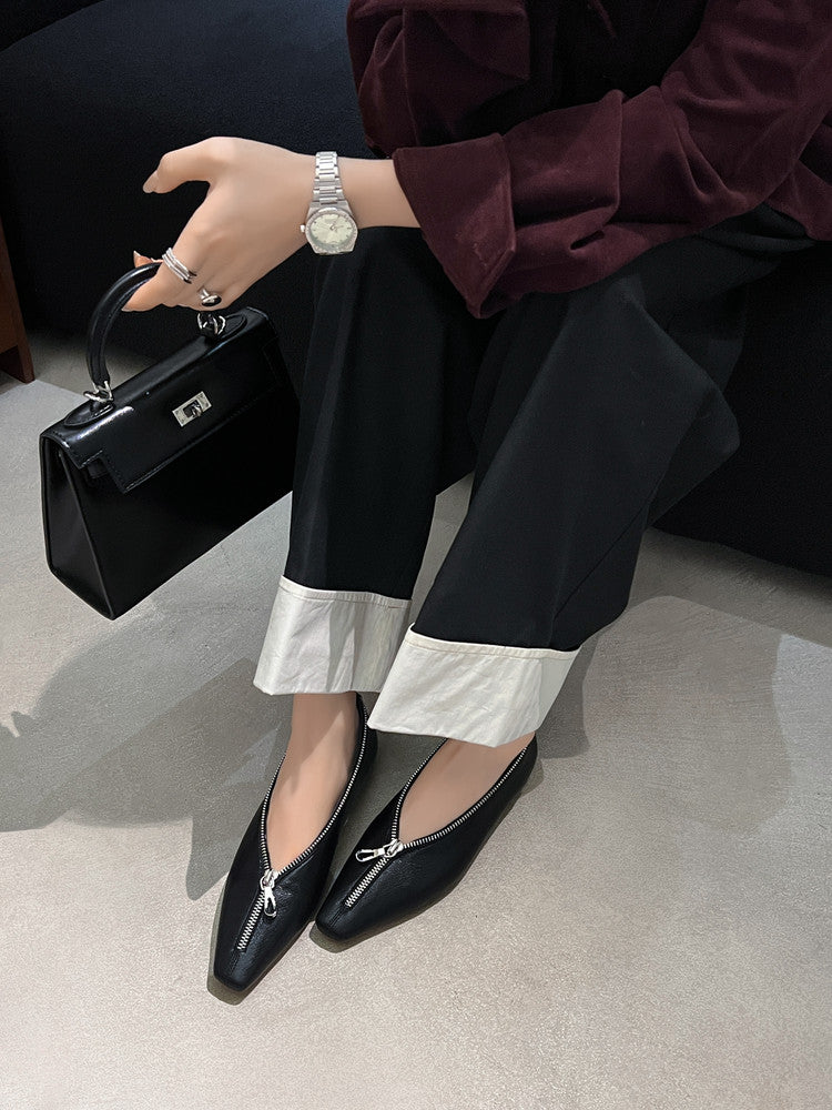 Karin Luna In Stock In Stock ~Basic Versatile Light Luxury Zipper Small Square Toe Flats