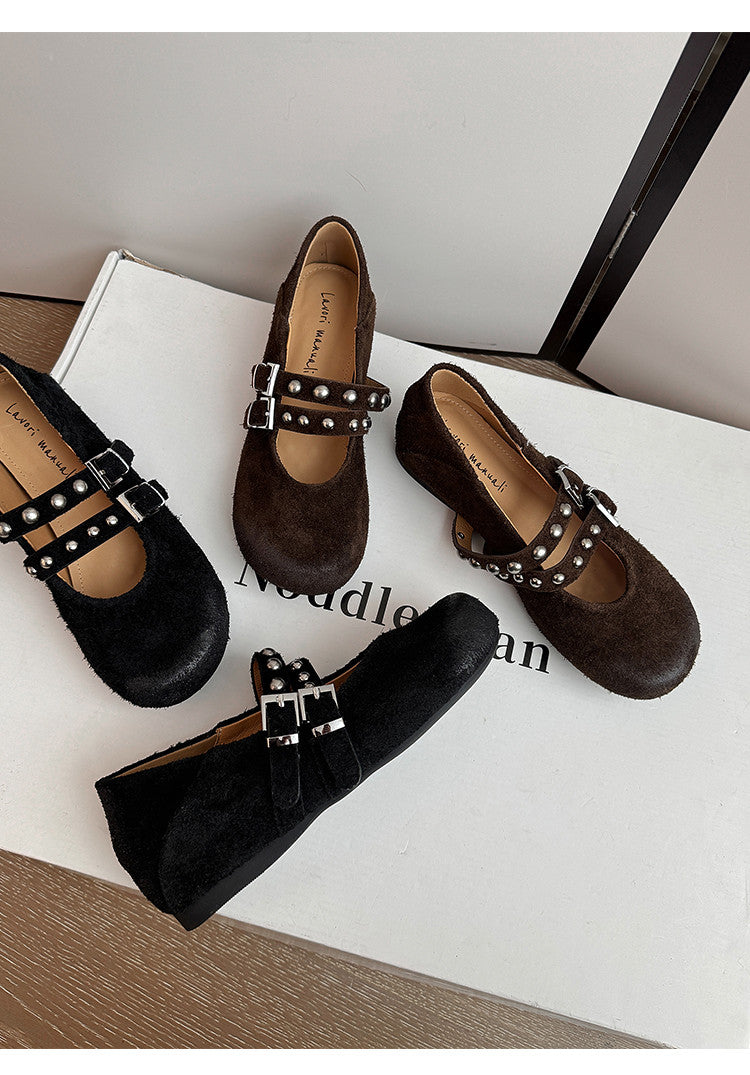 Karin Luna Hot Item Hot Item Punk Style One-Strap Round-Toe Suede Leather Height-Increasing Flats