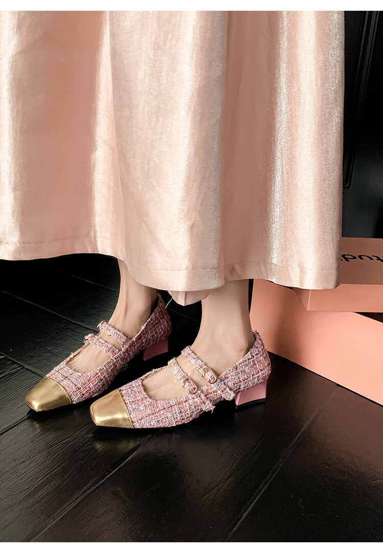 Karin Luna Classic Chanel Style~ Tweed Spring Limit Square Toe Chunky Heel Mary Jane Strap Single Shoes