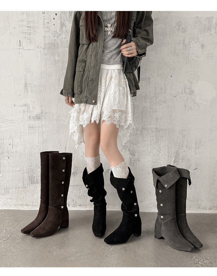 Karin Luna Bestseller Hot-Selling Hidden Buckle Lazy Style Square-Toe Height-Increasing Suede Western Boots